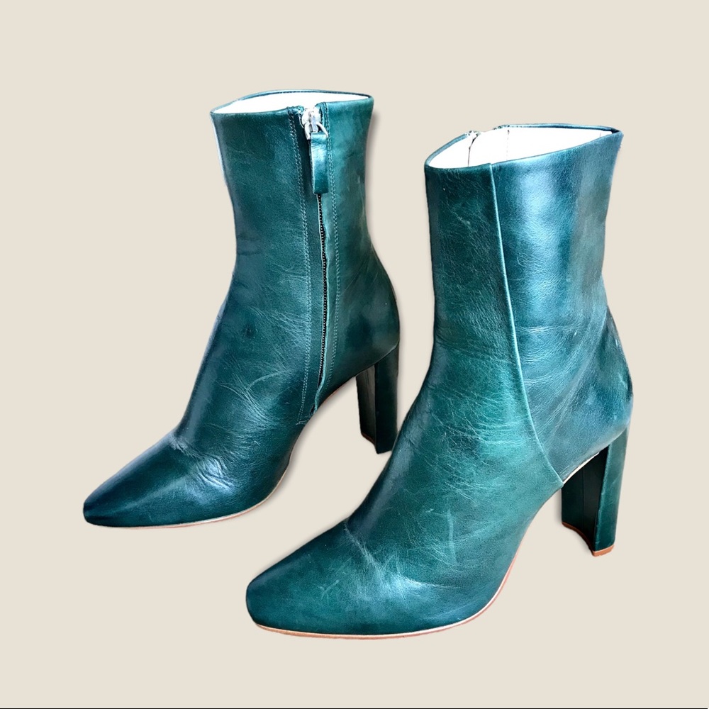 Zara Dark Green Genuine Leather Heeled Retro Minimalist Modern Cute Ankle Bootie - Picture 15 of 16